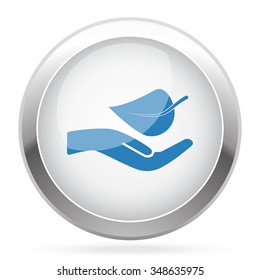 Blue Leaf In Hand icon on white glossy chrome app button