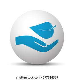 Blue Leaf In Hand icon on sphere on white background