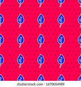 Blue Leaf icon isolated seamless pattern on red background. Leaves sign. Fresh natural product symbol.  Vector Illustration
