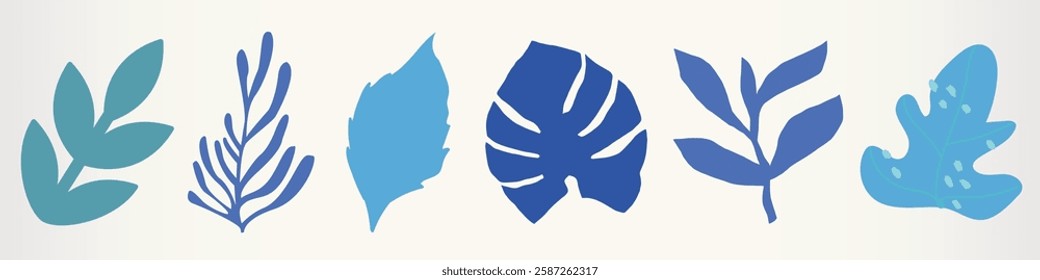 Blue leaf illustrations in various shapes. Leaf designs in shades of blue. Artistic blue leaf patterns for decoration and design. Nature illustrations, vector set.