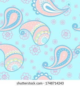 Blue Leaf Indian Vector Seamless Pattern. Beautiful Floral Wallpaper. Lace Abstract Print. Pink and Blue Asian Design.