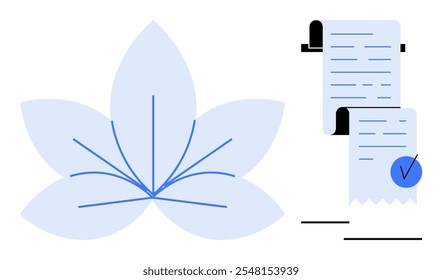 Hoja azul con patrones de línea junto a pergaminos azules y marca de verificación, que representan la organización y la Aprobación. Ideal para la organización del papeleo, procesos de Aprobación, temas de naturaleza, gestión de documentos