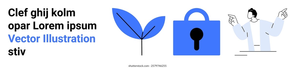 Blue leaf, padlock, and person in casual wear suggest digital security, growth, technology, innovation, and environmental consciousness. Ideal for tech companies. Banner for landing page