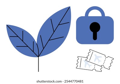 Blue leaf, padlock, and tickets suggest sustainability, security, and travel. Ideal for themes of eco-friendly travel, data security, nature conservation, green tourism, and secure transactions