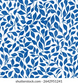 Blue leaf pattern on a white background, on linen fabric print pattern, cotton, silk, vector illustration, doodle summer, kids and baby designs for print fabric.