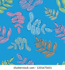 Blue leaf seamless pattern with colorful line art cartoon style. Best for cute and beautiful fabric design.