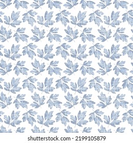 Blue leaf seamless pattern on blue background. Floral illustration in style grange for textile, decoration and paper.Gentle botanical composition. Seamless vector lighting pattern background