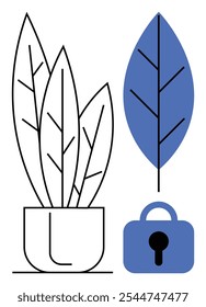 A blue leaf, secure lock icon, and potted plant with linear leaves in minimalist design. Ideal for nature themes, security, environmental protection, indoor plants, and modern design concepts