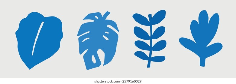 Blue leaf silhouettes, featuring various leaf shapes. These leaf silhouettes add a botanical touch. Perfect for nature-themed designs with leaf motifs. Nature illustrations, vector set.