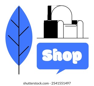 Hoja azul y silla estilizada con una burbuja de discurso que contiene la palabra Tienda, Ideal para la marca de tiendas ecológicas que anuncian temas ambientales muebles modernos diseño minimalista