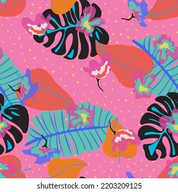 Blue Leaf Tropical Vector Seamless Pattern. Colorful Summer Flowers Print. Pink Palm Spring Design. Colours Decoration Tree Typography.