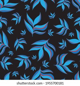 Blue leaf vector seamless repeat pattern.