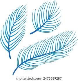 Blue leaflike feather detailed illustration abstract decor isolated white background. Stylized elegant plant motifs graphical drawing organic theme vector. Artistic lightweight airy filigree design