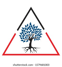 a blue leafy tree and roots spread with a triangle