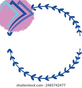 Blue leafy wreath, pink circle, blue and turquoise arrows. Perfect for branding, social media, invitations, and nature related designs.