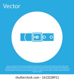Blue Leather belt with buttoned steel buckle icon isolated on blue background. White circle button. Vector Illustration