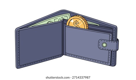 Blaues Leder bifold Geldbörse geöffnet, um Bargeld und Münzen veranschaulichen persönliche Finanzen und tägliche Ausgabenmanagement für städtische Käufer zu offenbaren.