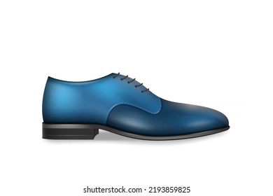 Blue leather boot realistic. Classic man shoe for formal business outfit. Oxford boot element for dress code clothing, side view icon. Vector illustration