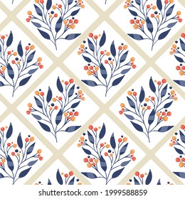 Blue leaves with berries on white background seamless pattern. Geometric Vector backdrop.