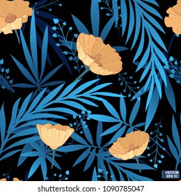 Blue leaves, black seamless pattern.