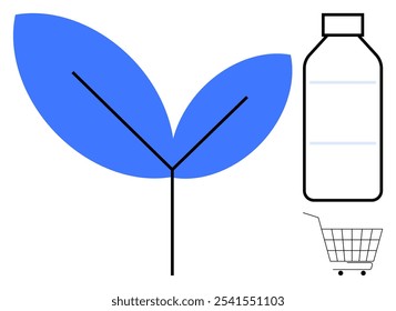 Blue leaves with a black stem next to a reusable bottle and shopping cart outline. Ideal for eco-friendly living, sustainability, green shopping, environmental awareness, and zero waste lifestyle
