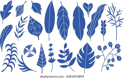 Blue leaves ceramic plants and flowers botanical set adorable, lovely, pretty, vintage, modern, flat, line, vector, abstract, silhouette, organic, decorative, deco, ornament, doodle, unique	
