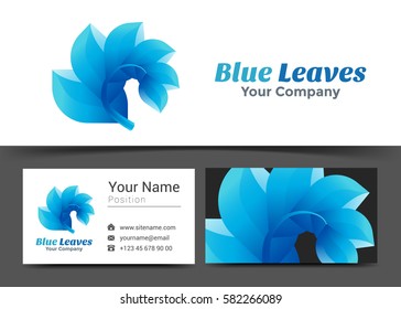 Blue leaves Corporate Logo and Business Card Sign Template. Creative Design with Colorful Logotype Visual Identity Composition Made of Multicolored Element. Vector Illustration.
