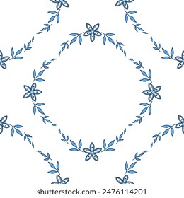 Hojas azules y flores patrón sin fisuras. Ilustración vectorial aislada vintage romántica sobre fondo blanco. Bonita decoración de verano para la ropa y el hogar. Patrón para impresión, bordado, tatuaje, etc.