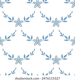 Hojas azules y flores patrón sin fisuras. Ilustración vectorial aislada vintage romántica sobre fondo blanco. Bonita decoración de verano para la ropa y el hogar. Patrón para impresión, bordado, tatuaje, etc.