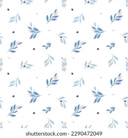 Blue leaves and flowers. Vector seamless pattern