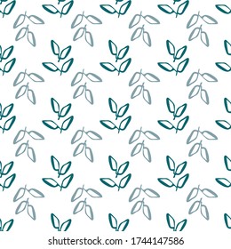 Blue leaves geometric seamless vector pattern background. Monochrome clusters of line art foliage on fresh white backdrop. Modern hand drawn botanical all over print for cosmetics beauty packaging