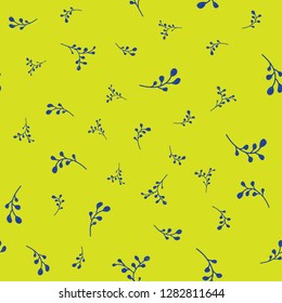 Blue leaves on green background seamless pattern.