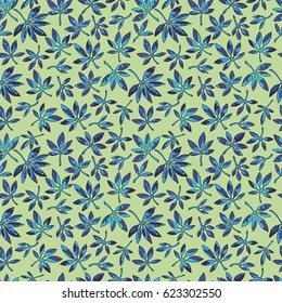 Blue leaves on green background pattern
