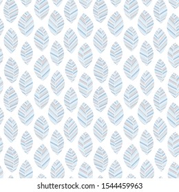 Blue leaves on a white background. Seamless doodle pattern with leaves. Colorful illustration. Pattern for design of fabric, wallpapers.