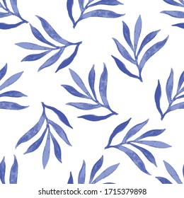 Blue leaves on white background seamless pattern. Watercolor leaves. Vector illustration. 