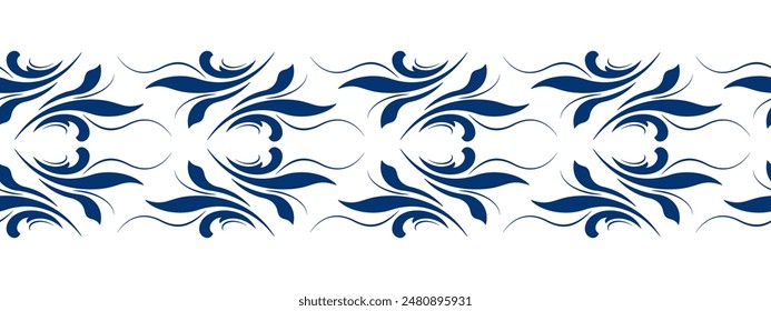 Blue leaves on white background. Folk floral border vector illustration. Ethnic paisley horizontal ornament. Vintage floral design element. Fantasy geometric shapes for decor clothes, home, etc.