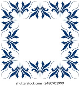 Blue leaves on white background. Folk floral square frame vector illustration. Ethnic paisley square ornament. Vintage floral design element. Fantasy geometric shapes for decor clothes, home, etc.