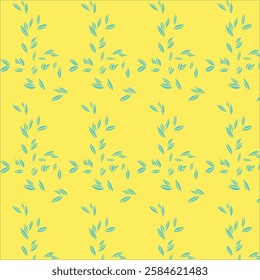  Blue leaves on yellow background seamless pattern Cartoon style botanical repeat