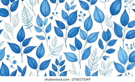 Patrón de hojas azules sobre fondo blanco con delicados detalles de línea art
