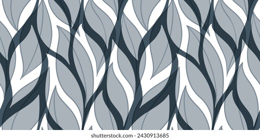 Blue Leaves Pattern. Watercolor leaves seamless vector background, wavy jungle print