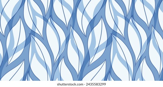 Blue Leaves Pattern. Watercolor leaves seamless vector background, wavy jungle print