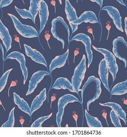 Blue leaves with pink flowers seamless pattern. Tender foliage on a dark background. Fashion floral texture for fabric and wallpaper design