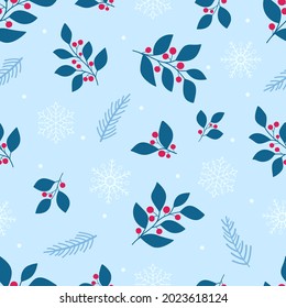 Blue leaves, red berries, fir branches, white snowflakes and dots on a light blue background. Seamless winter Christmas pattern. Suitable for packaging, textile, wallpaper.