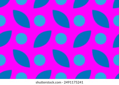 Blue leaves and blue round circles on a pink background.  Seamless vector pattern for design and decoration. 