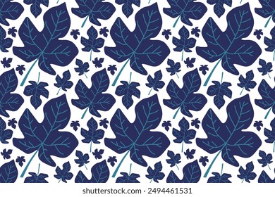 Blue leaves Seamless pattern. Fig leaves. Blue fresh leaves on white background. Endless Background. Repeated vector illustration for wallpaper, wrapping, packing, textile, scrapbooking