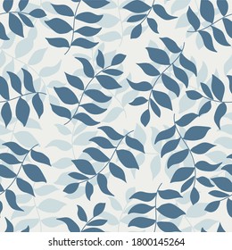 Blue leaves seamless pattern. Vector illustration in flat style for wrapping paper, wallpaper, fabric print.