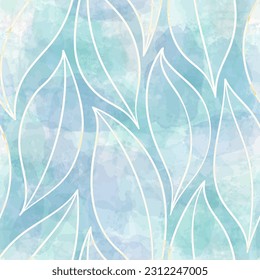Blue leaves seamless vector pattern. Watercolor tea leaf background, textured jungle print.