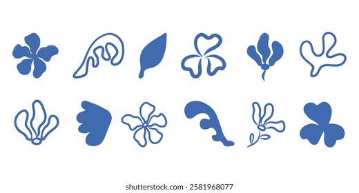 Blue leaves set, foliage set. Hand drawn blue nature clip art