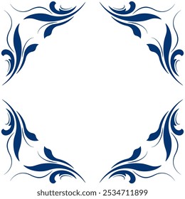 Azul deja marco cuadrado sin texto. Ornamento cuadrado de paisley étnico. Elemento de diseño floral de Antiguas. Patrón sin fisuras de Vector. Formas geométricas de fantasía para ropa de decoración, hogar, etc.