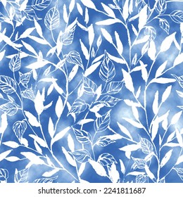 Blue leaves texture pattern. Watercolor floral background. Seamless patterns can be used for wallpaper, pattern fills, web page backgrounds, surface textures